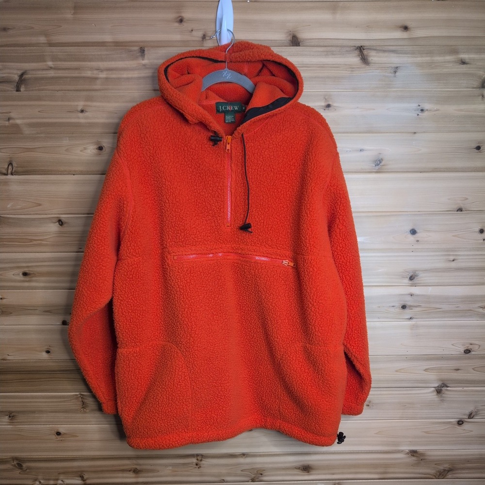 Vintage J. Crew Oarsmen Sherpa Fleece Hoodie Orange Quarter Zip Mens Medium
